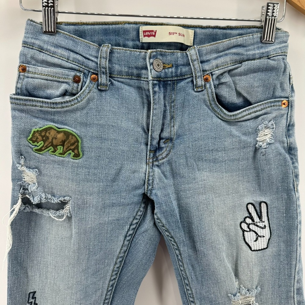 Levi's 511 Jeans Boys 12 Reg Blue Denim Patched Distressed Slim Fit Straight Leg